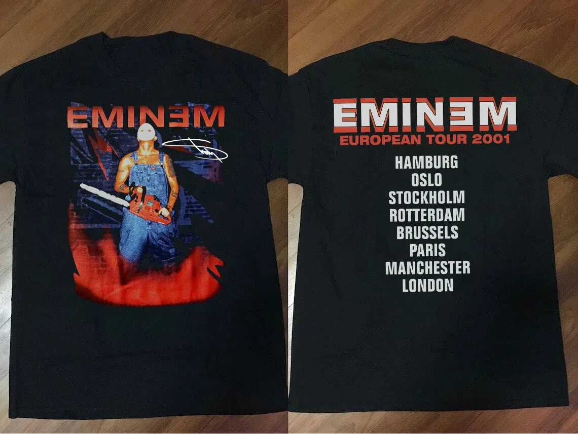 RARE Eminem European Tour 2001 Cotton Black T-Shirt All Size S-5XL P135