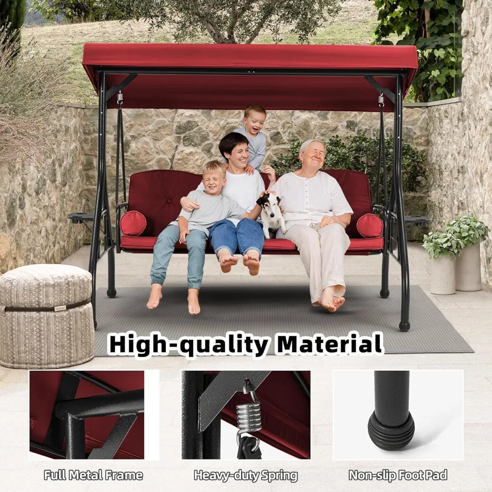 3 Seat Outdoor Porch Swing,Adjustable Canopy Porch Swings,Outdoor Swing with Stand, Patio Glider Chair with Thicken Cushions