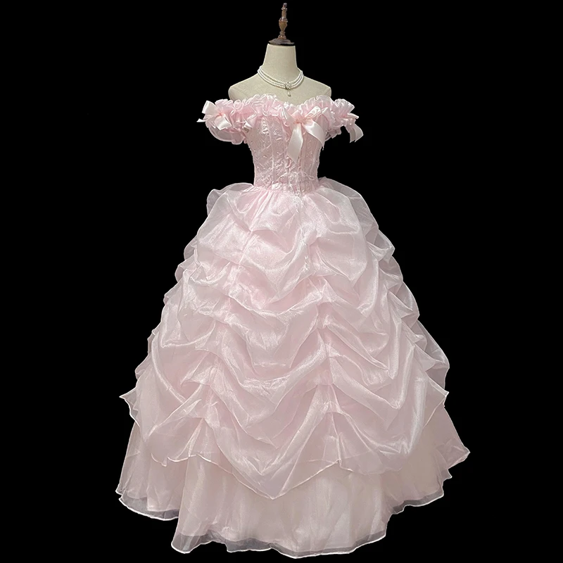 AnXin SH vintage princess pink big bow lace boat neck ruffles ball gown lace up bride party Antique customized wedding dress