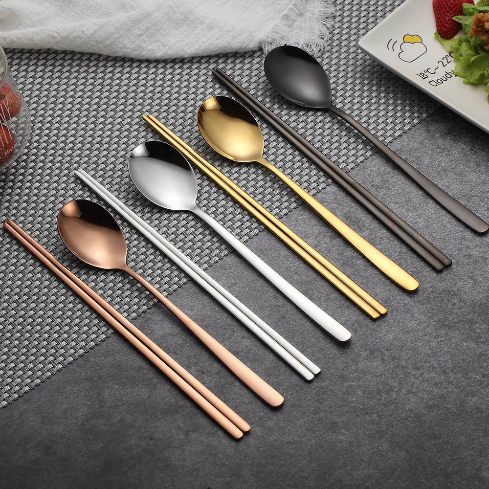 

304 Stainless Steel Flatware Fork Spoon Chopsticks Portable Cutlery Set Gold Silver Korean Style Cutlery Set for Travel Hiking