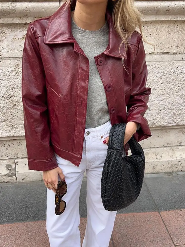 Vintage Wine Red Lapel Pu Leather Jacket For Women Chic Single Breasted Long Sleeves Pockets Coats Fashion Lady High Streetwear