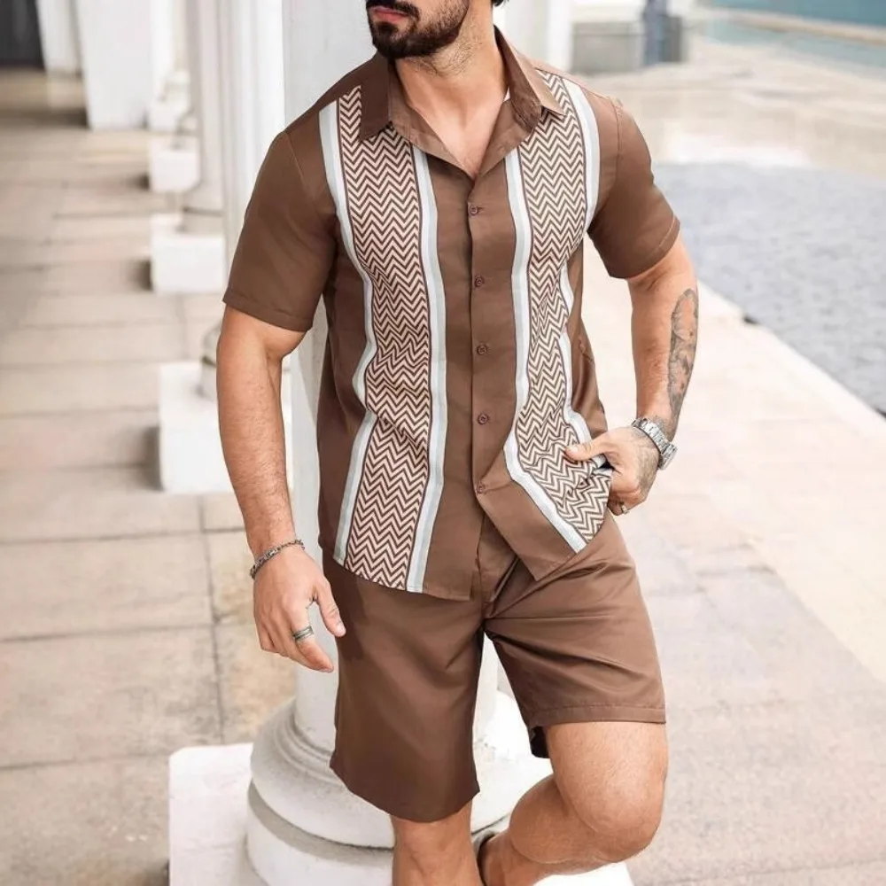 Men's Casual and Fashionable Simple Short Sleeved Shirt Printed Shorts Set Breathable and Suitable for Beach Outdoor Activities