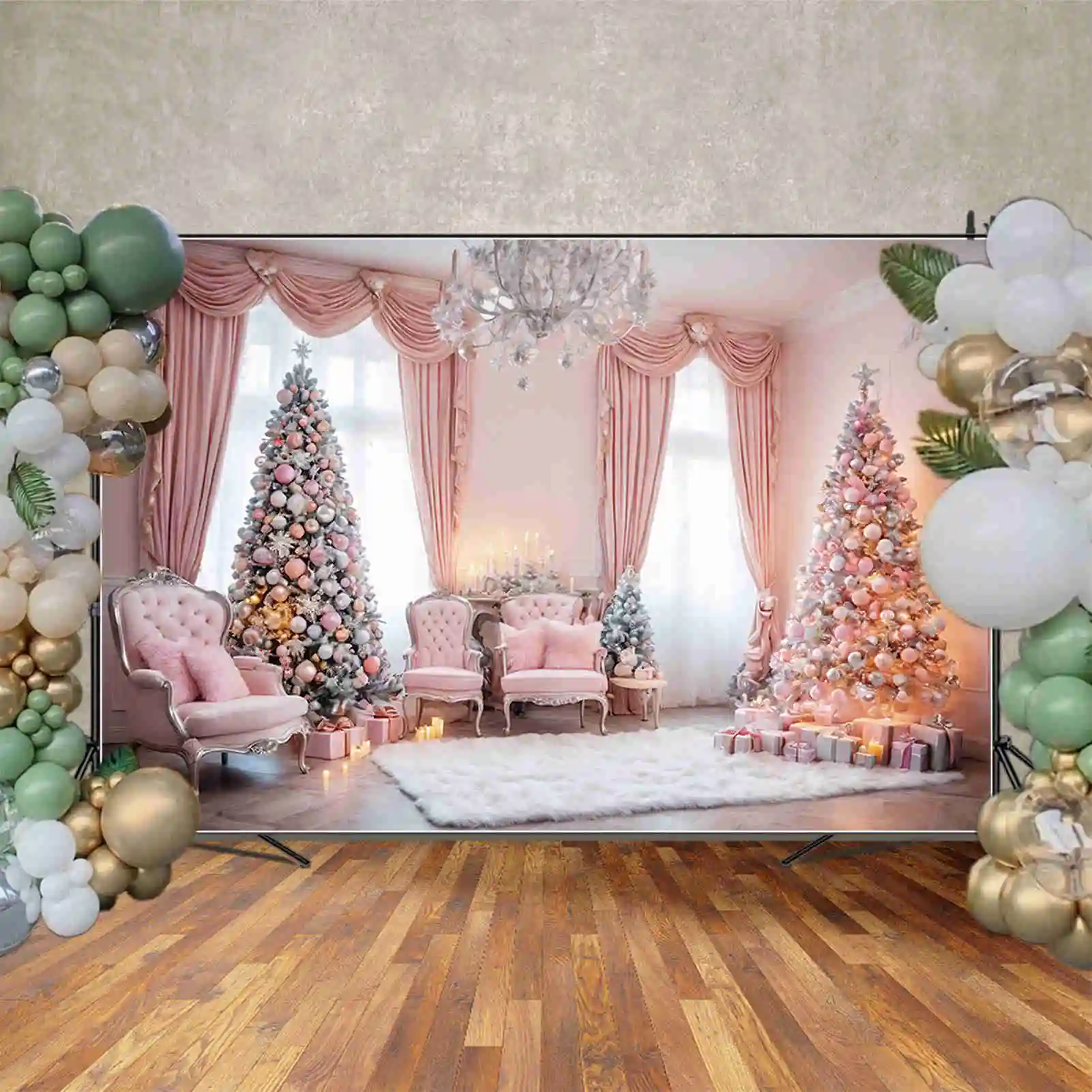 MOON.QG Christmas Tree Home Decoration Photography Background Pink Fireplace Curtain Sofa New Year Photo Backdrop Shooting Props