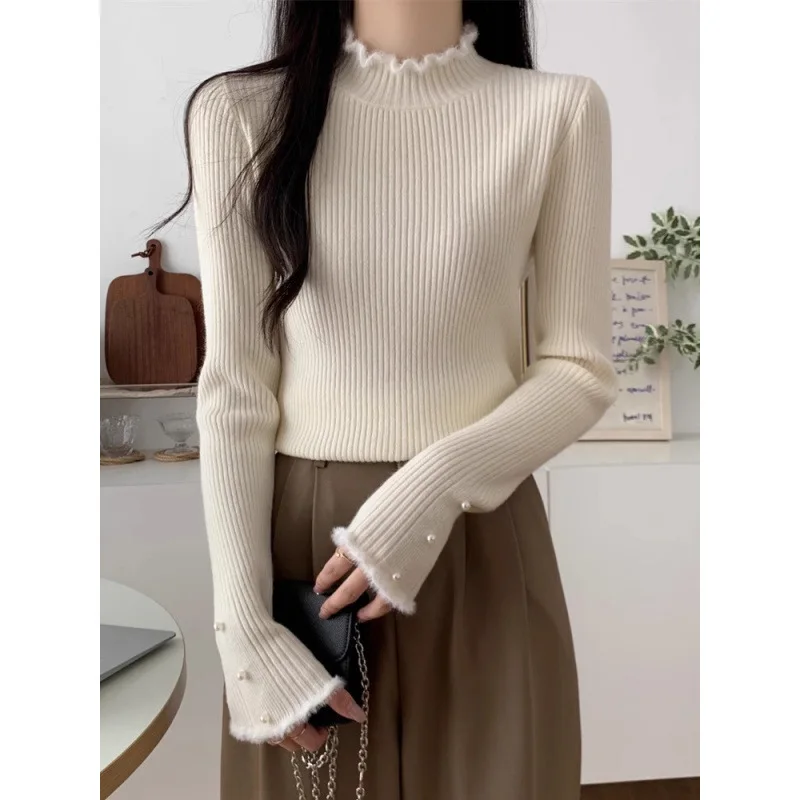

Women's Black Mink Fleece Half Turtleneck Sweater Autumn Winter Thickened Slim Fit Stylish Knit Base Layer Top