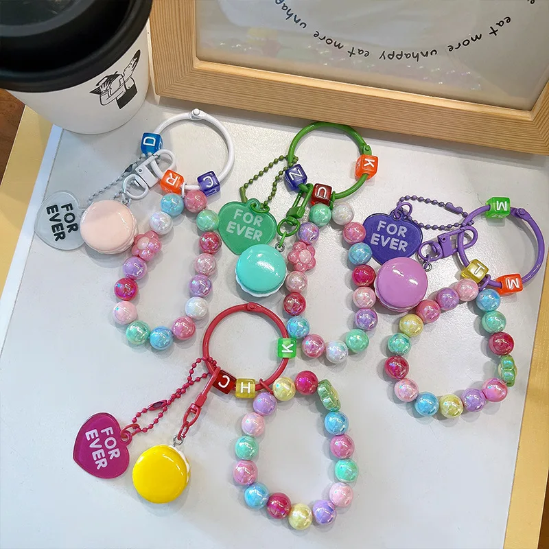 Creative Anti-Loss Wristlet Bracelet Key Chain Cartoon Cute Macaron Round Beaded Keyring For Women Girl Car Backpack Keychain