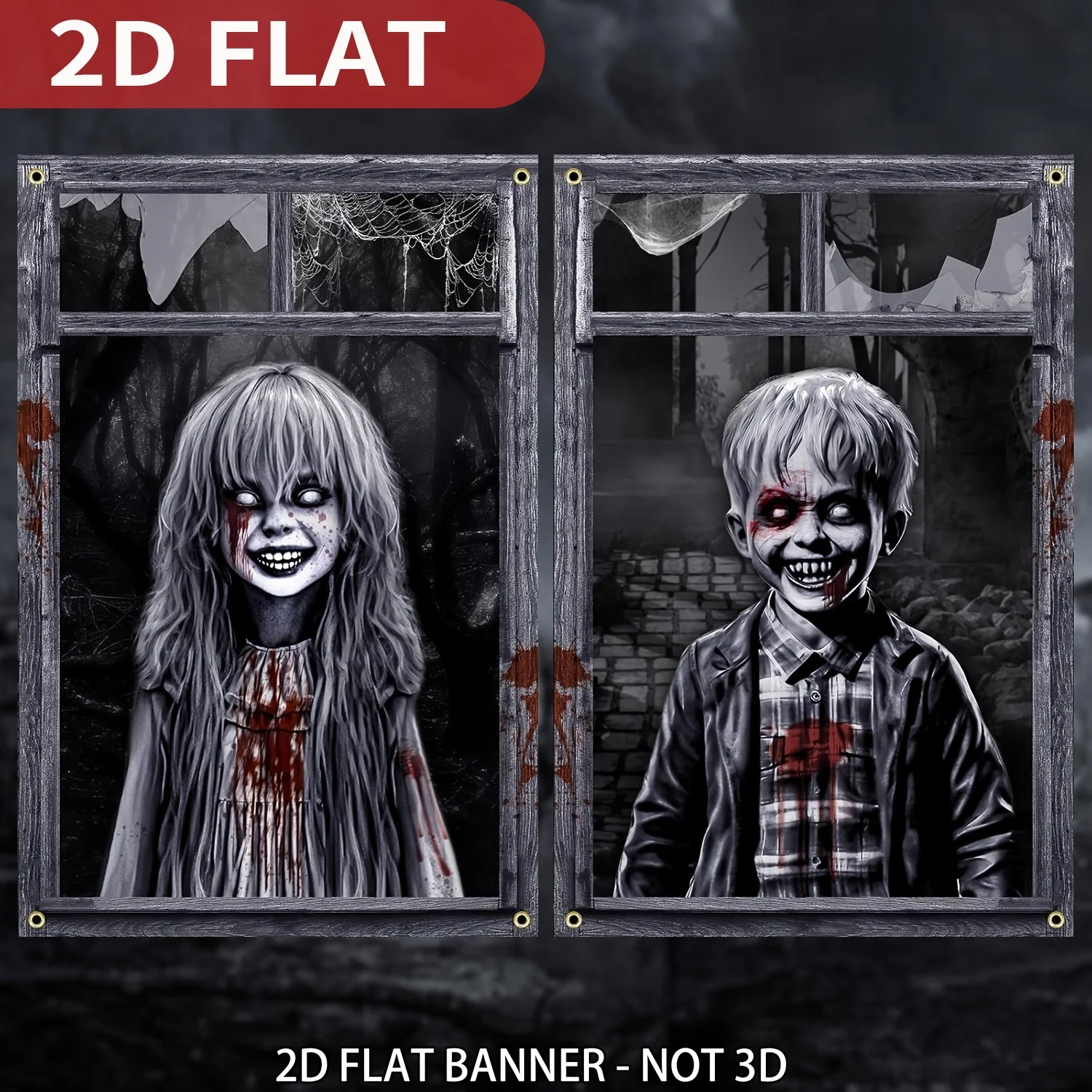 

2pcs Scary Halloween Ghost Party Banner 2.6x4FT, Spooky Window Cover Decoration for Indoor/Outdoor, Halloween Window Door Cover