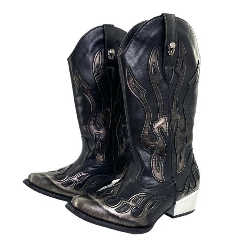 

Fashion Men's Embroidered Flame Colorblocked Knee-High Boots Pointed Toe Thick-Heel Knight Western Chelsea Boots