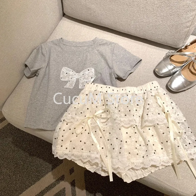 Sweet Short Sleeved T-shirt Women Summer Design Sense Lace Butterfly Round Neck Tops High Waisted Cake Skirt Two Piece Set