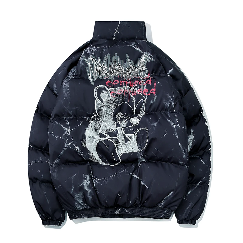 Hip Hop Jacket Parka Hurt Bear Print Men Winter Oversize Windbreaker Streetwear Harajuku Padded Jacket Coat Warm Outwear Hipster