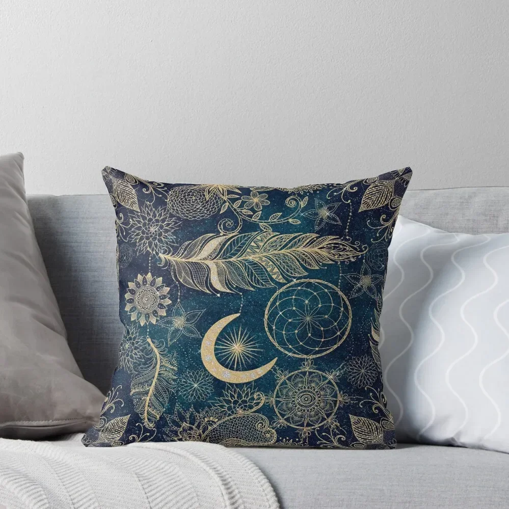 

Whimsy Gold Glitter Dreamcatcher Feathers Mandala Throw Pillow Sofa Cover Cushion Cover For Sofa pillow