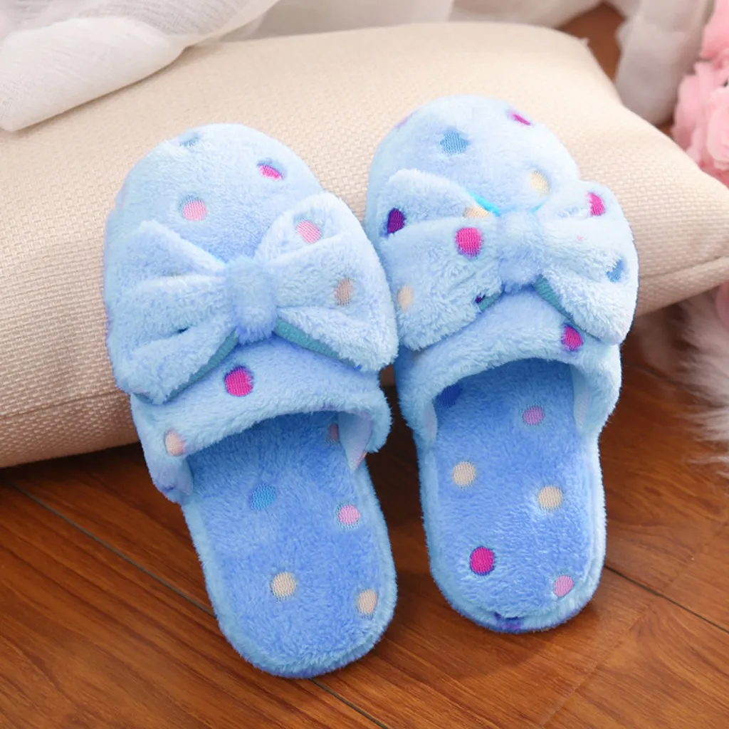 Women Winter Home Slippers Autumn Cute Bow Colorful Polka Dot Warmth Thick Plush Non-Slip Leisure Shoes Sweet Soft Bedroom Shoes