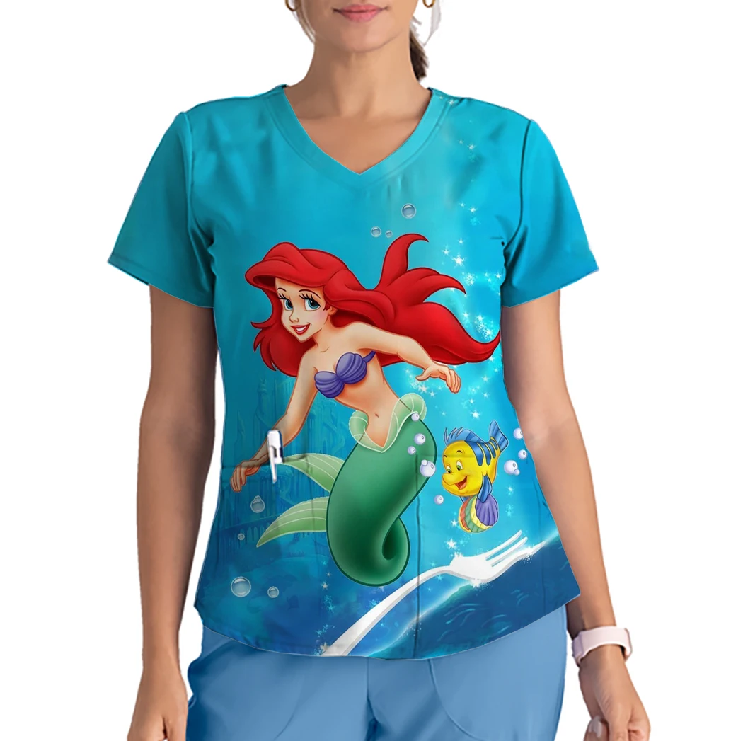 Haut à manches courtes et col en V pour femmes, uniforme de travail, chemise de princesse Disney, chemise à imprimé sirène, haut de gIslande d'allaitement, t-shirt décontracté, mode féminine