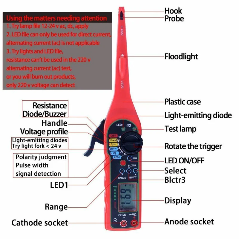 MS8211 Auto Circuit Tester Detector Power Circuit Probe Kit Electric Circuit Voltage Tester Multimeter Car Diagnostic Tool