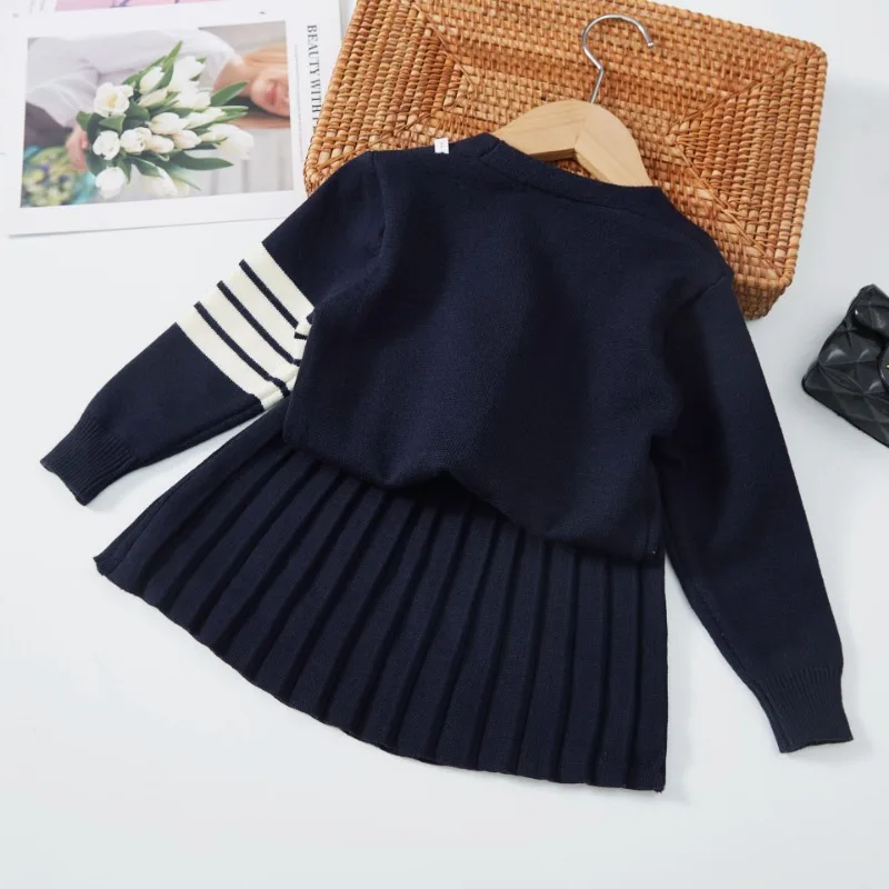 Autumn Winter Korean Baby Girl Clothes Dress Set Cartoon Knit Cardigan+Pleated Short Skirt 2Pcs Kid Toddler Suit Children Outfit