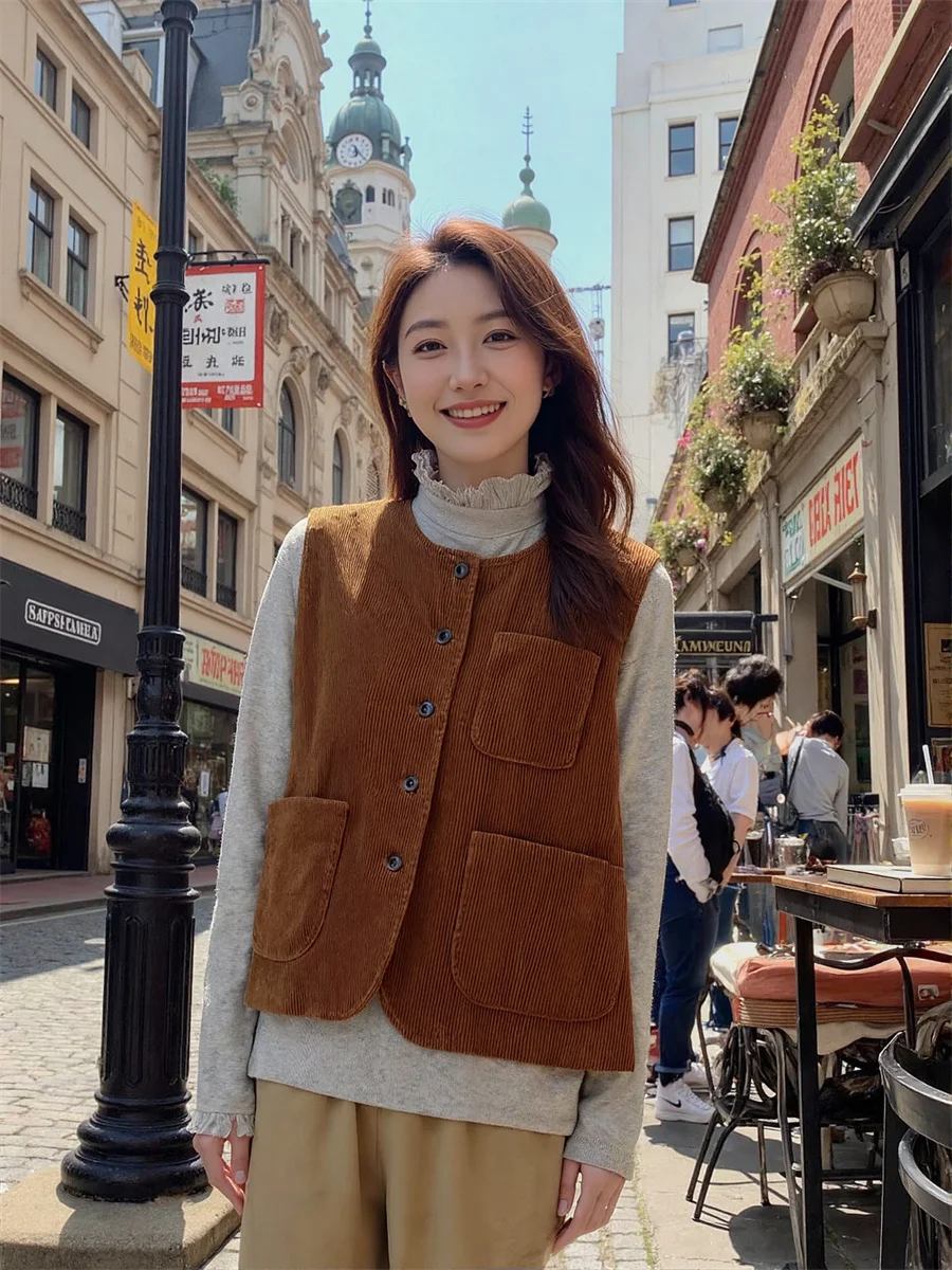 Damskie kamizelki oversize brązowe luźne jesienne grube w stylu old money eleganckie bez rękawów proste klasyczne wytworne modne damskie