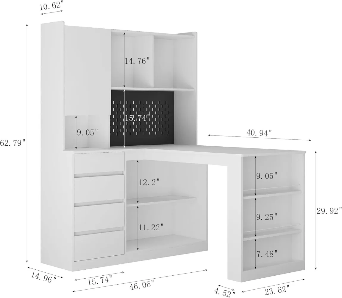 L-Shaped Corner Computer Desk with Charger and LED Light for Home Office, Study Modern Style Table with Drawers