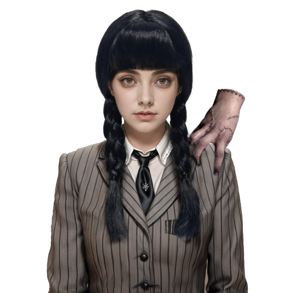 Addams-Peluca de Cosplay para mujer, cabellera sintética de dos trenzas negras, alta calidad, artículo barato