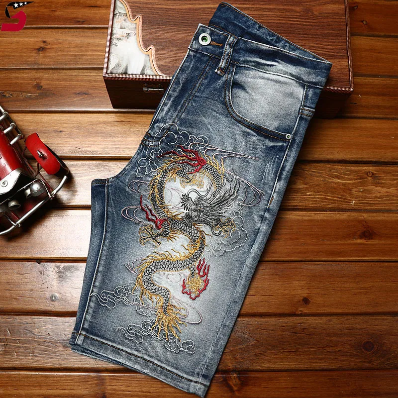 Chinese Style Embroidery Denim Shorts Men's Street Fashion and Handsome Trendy Retro High-End Stretch Slim-Fitting Biker Shorts