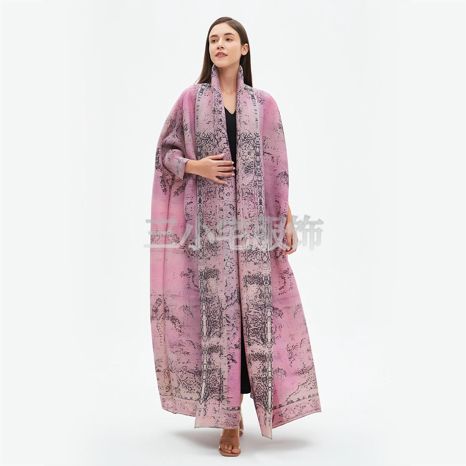 

YUDX Miyake Long Sleeve Printed Dress Windbreak Women 2024 Winter New Original Designer Abayas Turndown Collar Belted Coats