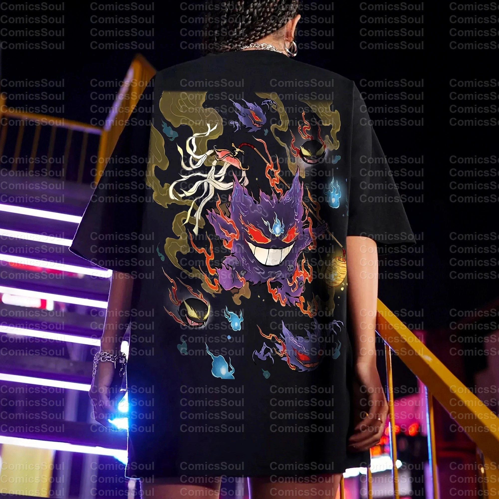 

Summer 2026 New Pokemon Cotton T Shirt Gengar Back Print Red Purple Flame Effects City Night Background Loose Fit Men Women