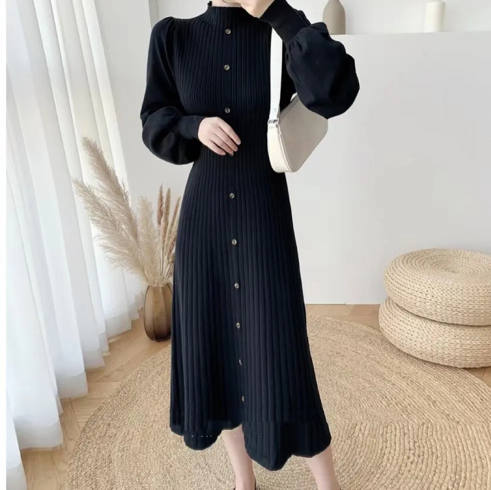 فساتين نسائية فستان مكتب خريفي صوف منقوش بطية صدر مدببة بأزرار واسعة مناسب للكلية Preppy مضاد للتجاعيد والدفء أنيق يوميًا #6