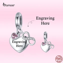 Silver 925 Sterling Silver Engraved Lettering Charm Bead Personalized Name Pet Zircon Heart Dangle Fit Original Bracelet Jewelry