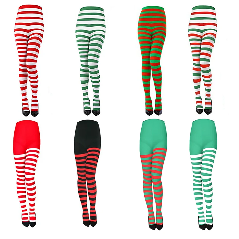 Women Christmas Striped Tights Full Length Tights Thigh High Stocking For Christmas Decoration Cosplay Party Makeup Prom Costume