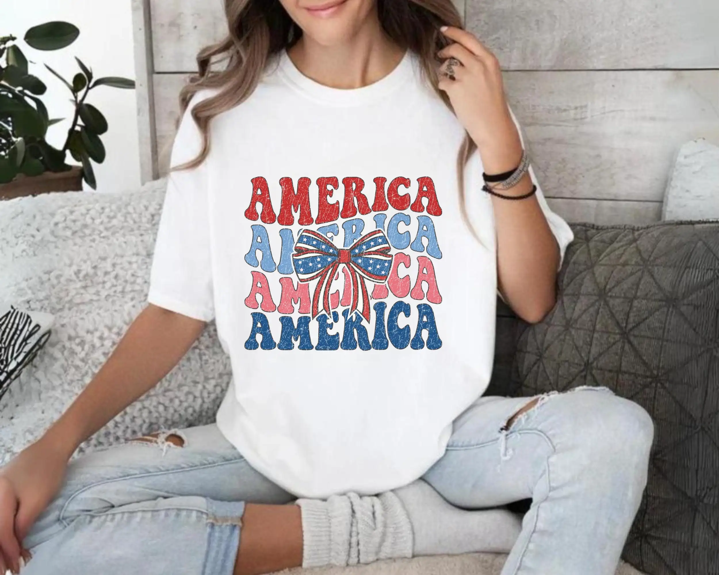 America T Shirt Fourth of July 4th USA Patriotic Flag Memorial Day Women's