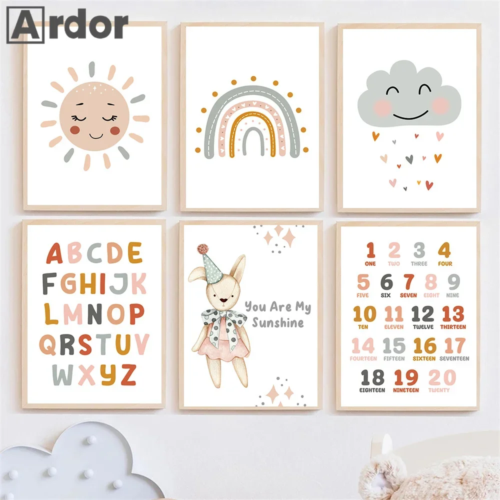 

Rainbow Cloud Sun ABC Alphabet Number Posters Cartoon Canvas Painting Nordic Wall Art Prints Pictures Baby Kids Room Home Decor