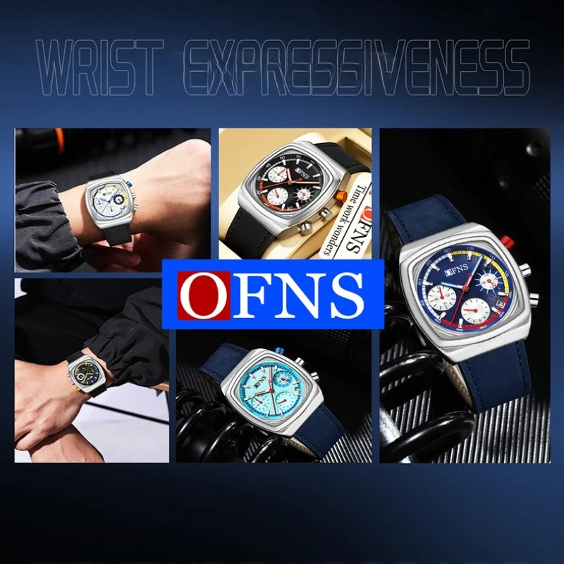 OFNS 1635 موضة وترفيه ساعة كوارتز حزام من الجلد كرونوغراف التقويم مضيئة مقاوم للماء ساعات مربعة للرجال Часы #2