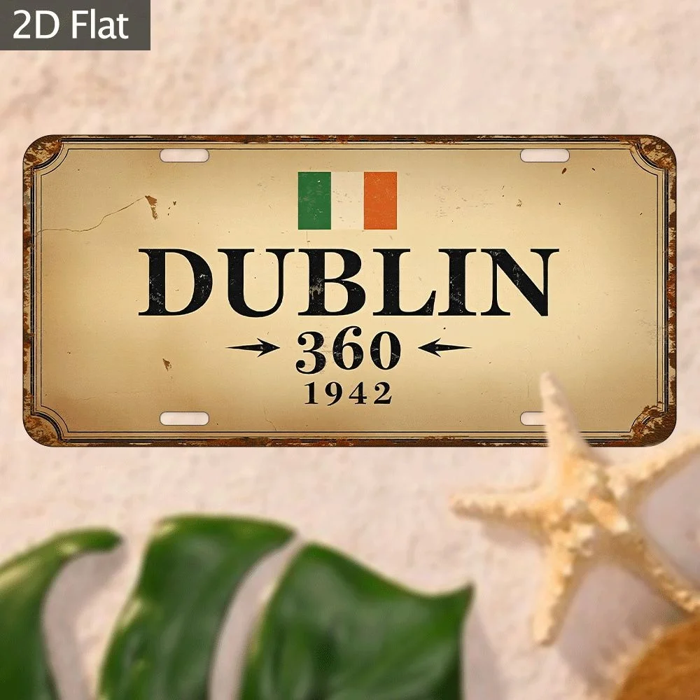 2D Flat Metal Wall Art, 12.0X6.0 inch - Vintage Sign Dublin 1922 with Tricolor Stripes Greenorange, Rustic Scene of Bar And Libr