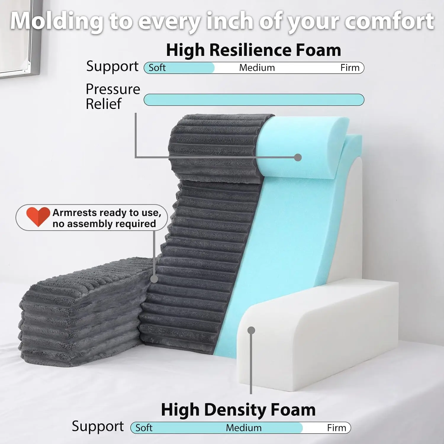 Bed Rest Reading Pillow with Armrests & Storage Pockets, Striped Plush Back Support Cushion for Bed Sofa Soft Backrest Cushion