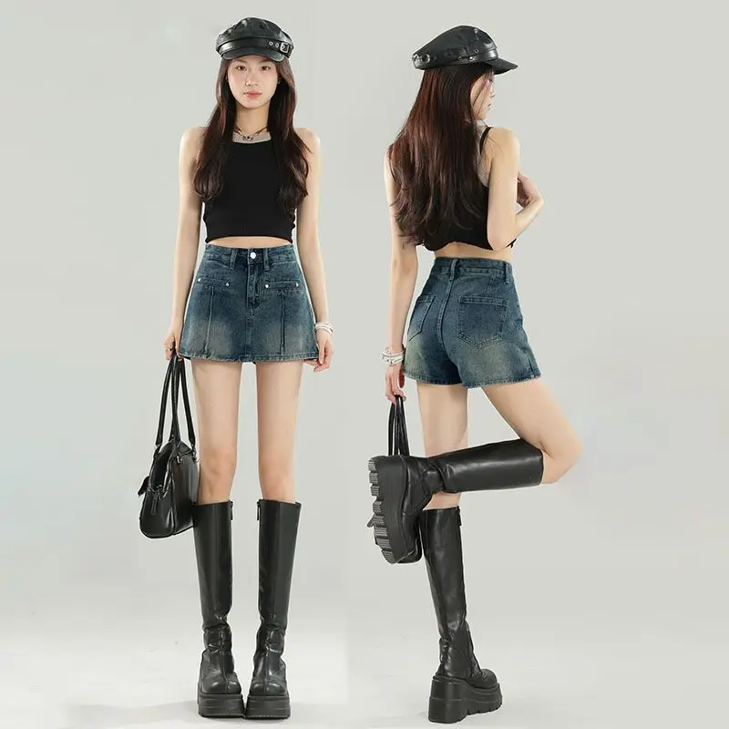 

Casual style denim skirt-pants, trendy new model for women2025Anti-exposure ultra-short high-waisted shortsaThermal pants Summer