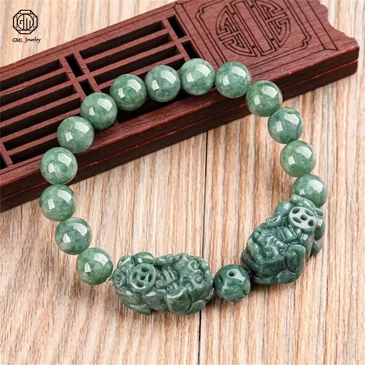Natural Grade A Jadeite Deep Pea Green Pixiu Beaded Bracelet Ice Translucent Unisex Men Women Gemstone Pixiu Jewelry Gift