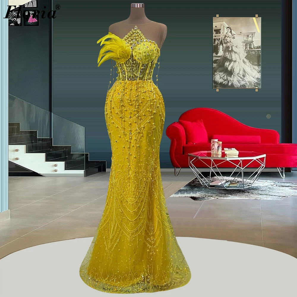 New Fashion Yellow Evening Dresses Mermaid Elegant Pearls Celebrity Dresses Robes De Soirée Host Costumes Grand Party Gowns