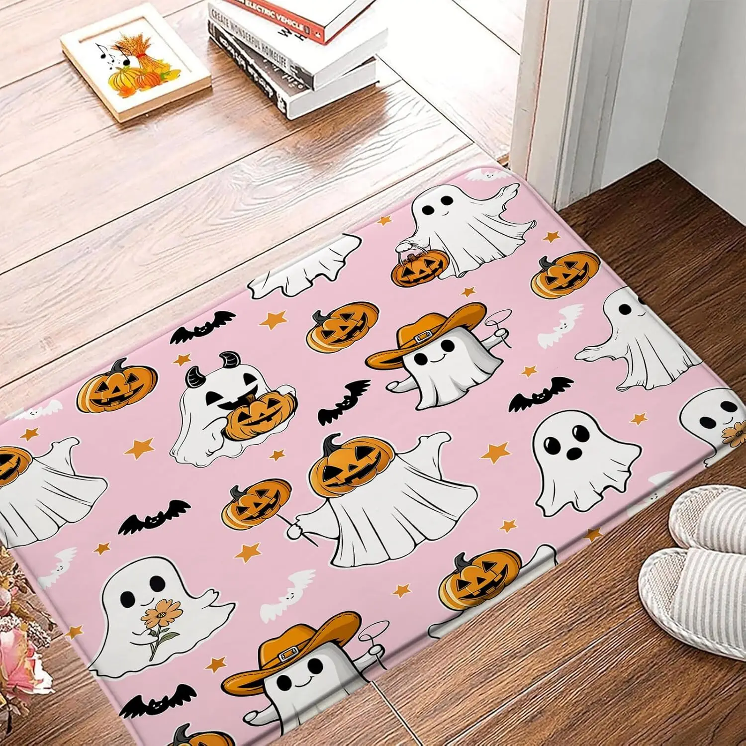 

Милый коврик для ванной с изображением призрака на Хэллоуин, розовый коврик с тыквой и летучей мышью, нескользящий впитывающий ковер для ванной и кухни, 17,8x29,5 дюймов