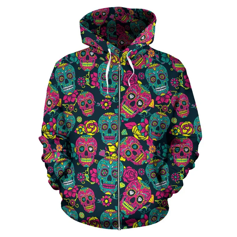 Halloween Horror 3D Day Of The Dead Print Zip Up Hoodies Día De Muertos Graphic Zipper Sweatshirts Unisex Fashion Streetwear Top