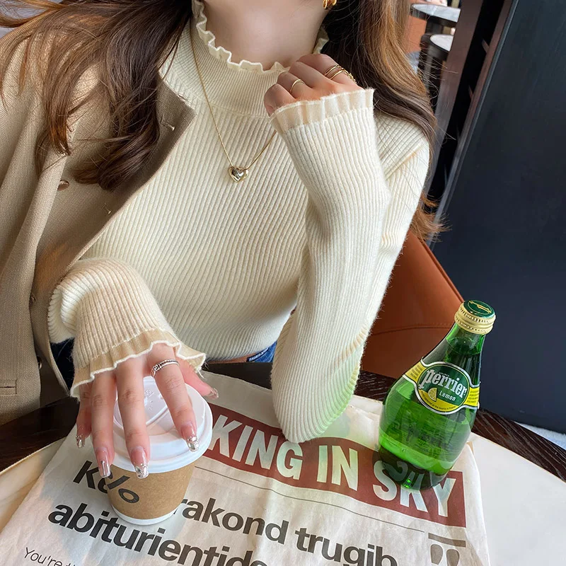 Pull tricoté femmes pulls nouveau à manches longues col à volants tricot pull haut pour femme chandails Sueters De Mujer Q1126