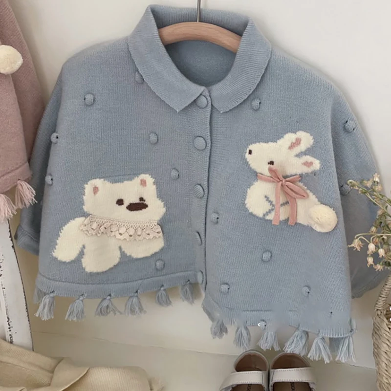 MILANCEL Autumn Children\'s Sweaters 1-6 Y Girls Cartoon Bear Bunny Knit Cardigans Coat Kids Tassel Princess Style Sweater Cloak