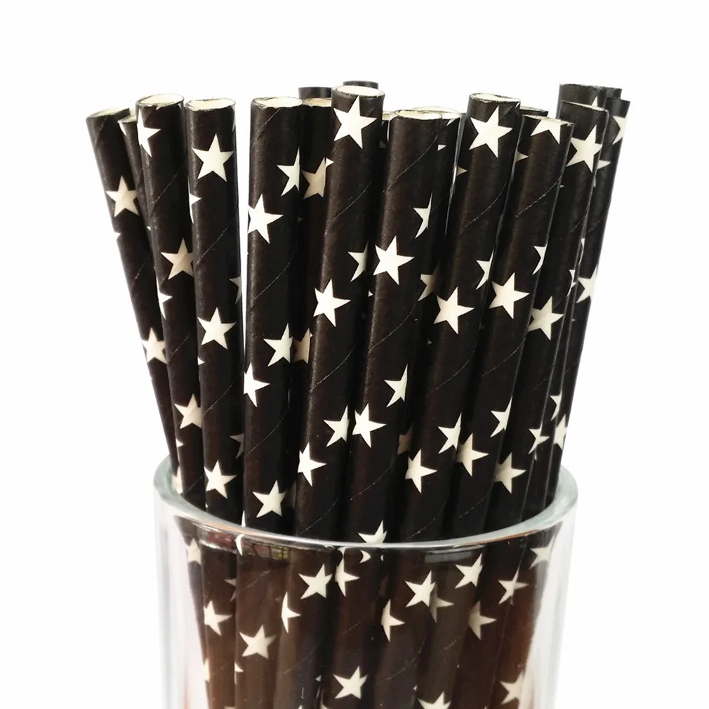 100 Pcs Biodegradable White Star Black Paper Straws,Disposable Halloween Graduation Party Supplies Drinking Craft Decorative Bar