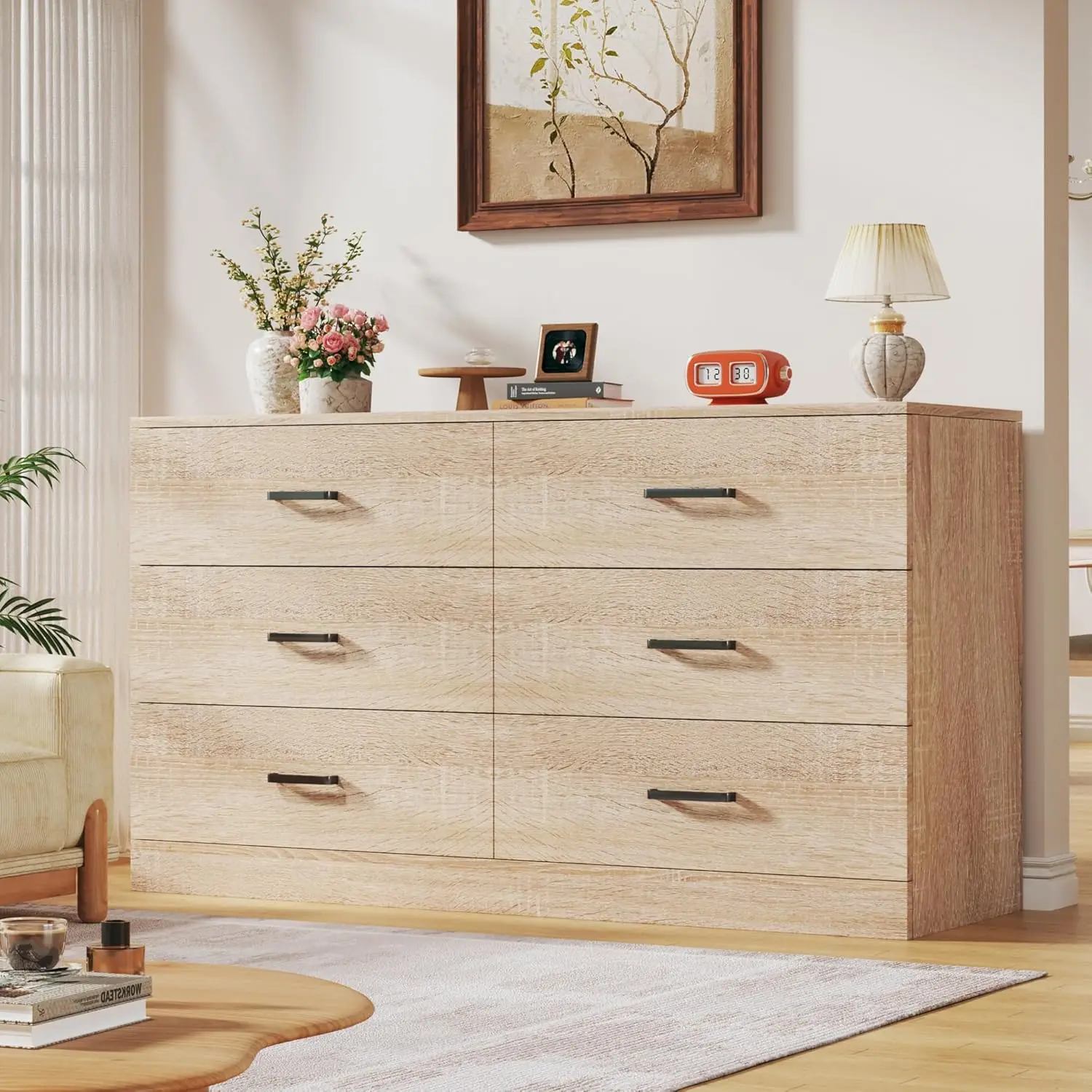 6-Drawer Wooden Dresser Metal Handles Mid Century TV Stand Storage Organizer Bedroom Living Room Entryway Oak,Customized