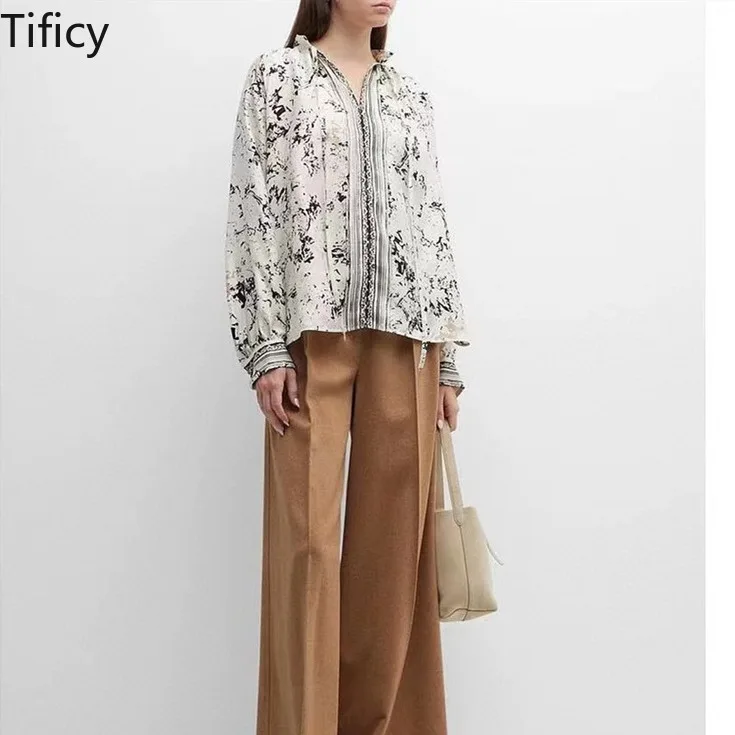 

TIFICY 100%Silk Women's New Fashion Bubble Sleeves Ink Print Lace Up Collar Twill Silk Shirt Women Tops