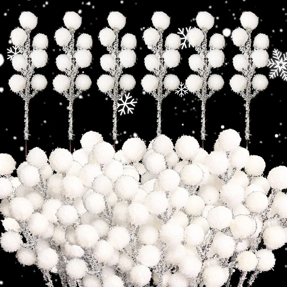 5/100pcs Artificial White Berry Stem Frosted DIY Fake Berries Wreath Xmas Tree Ornament Christmas Snow Tipped Branches Crafts
