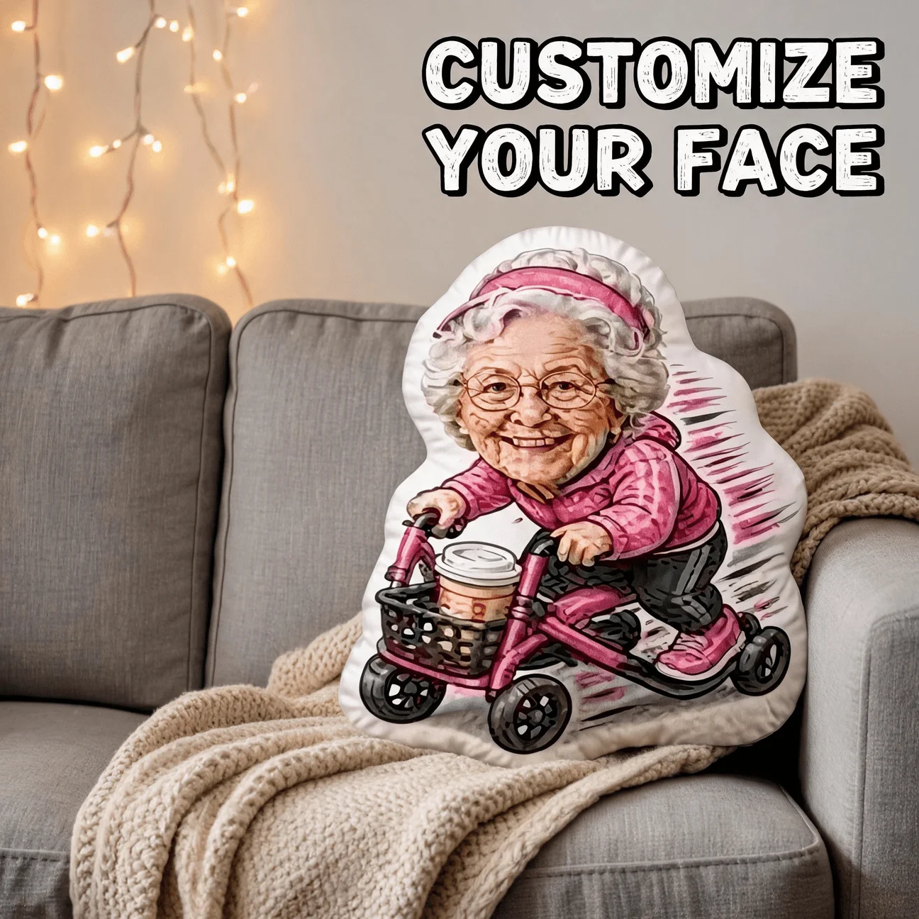 Custom Photo Shaped Pillow, Funny Grandma Riding Scooter Personalized Decorative Cushion, Unique Home Decor Accent for Sofa & Be