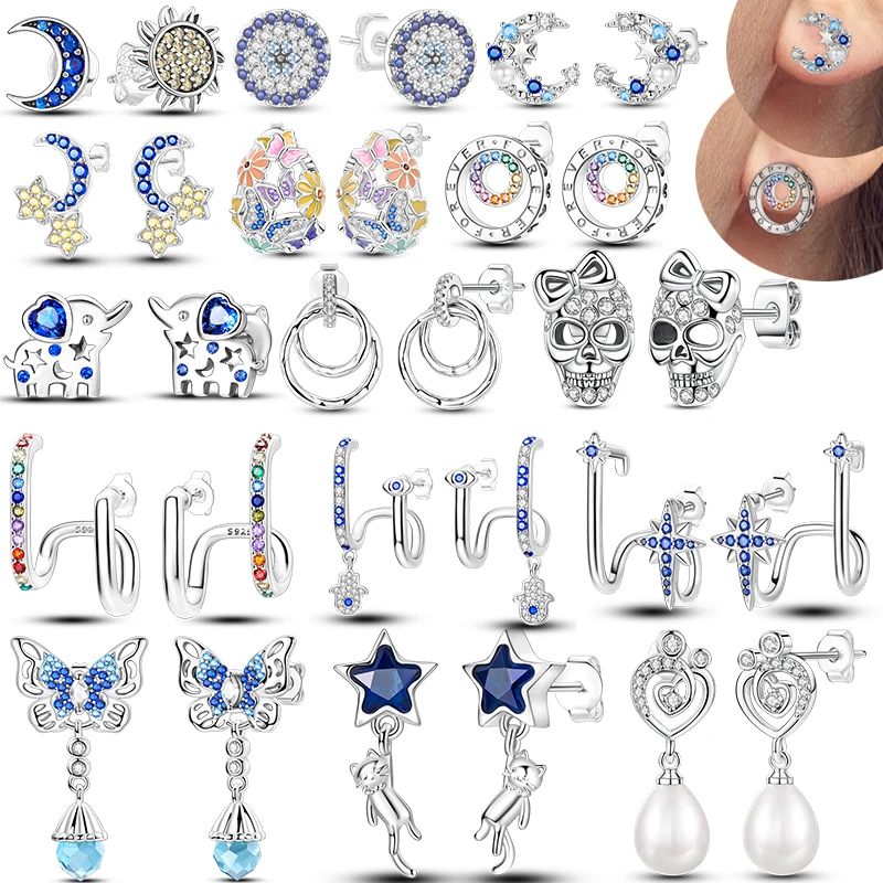 

925 Sterling Silver Double Hoop Pave-Set Colorful Zircon Stud Earrings Stud For Woman Fine Birthday Wedding Party Jewelry Gifts