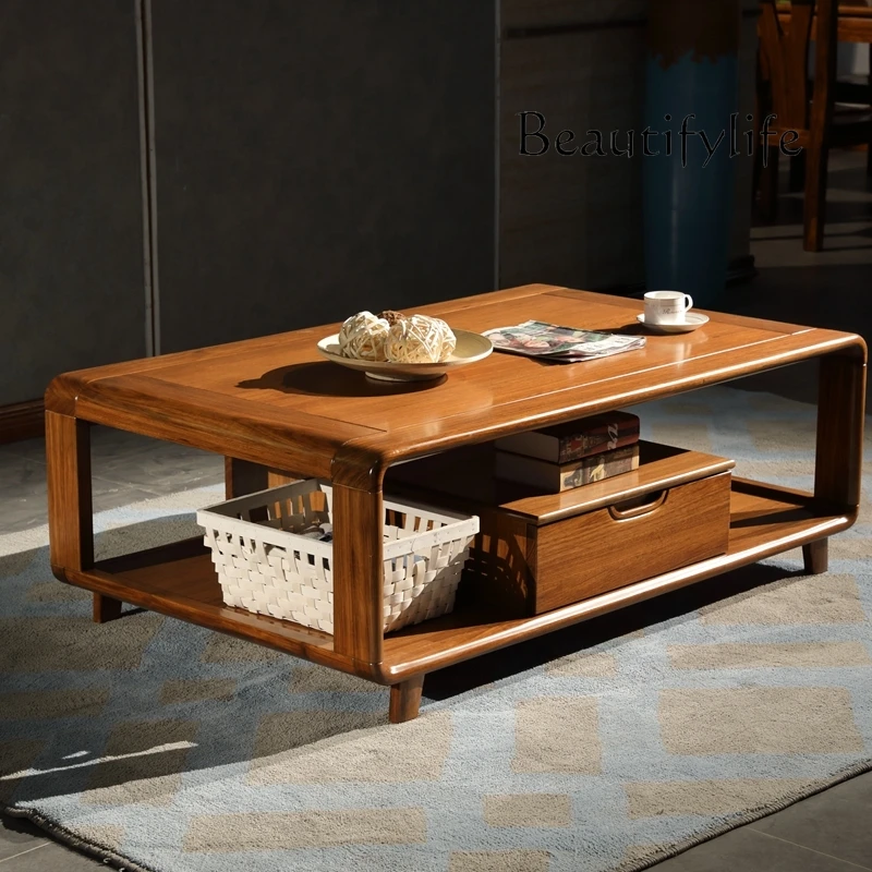 New Chinese Style Ugyen Wood Solid Wood Square Coffee Table Modern Minimalist Living Room with Drawer Coffee Table