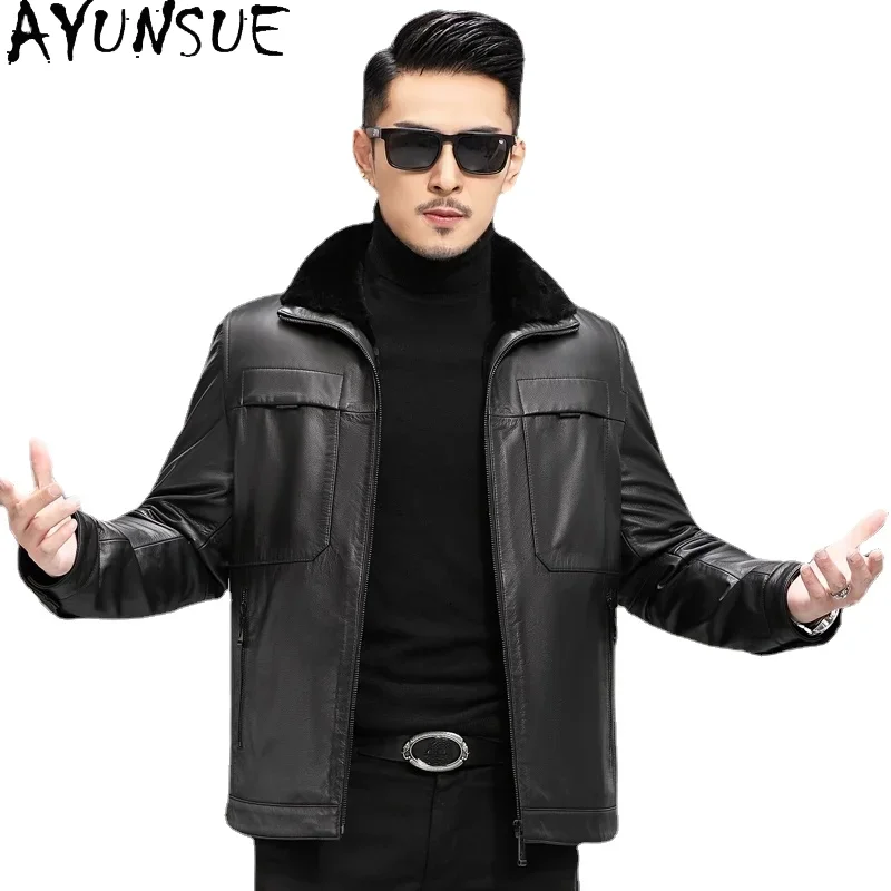 AYUNSUE 100% Genuine Leather Jacket Men Winter 2025 Real Cowhide Coat Male Warm Thick Wool Liner Jacket Jaqueta Masculina Gxy755