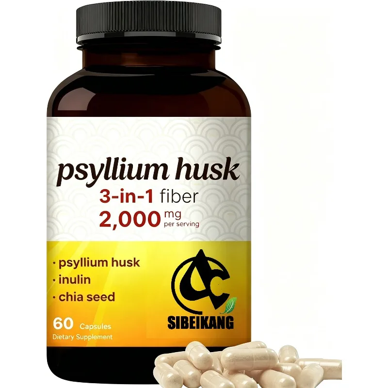 Cápsulas de fibra de Plantago asiatica 2000 mg por porción, 60 cápsulas que contienen inulina y semillas de chía en una sola unidad |   a base de plantas