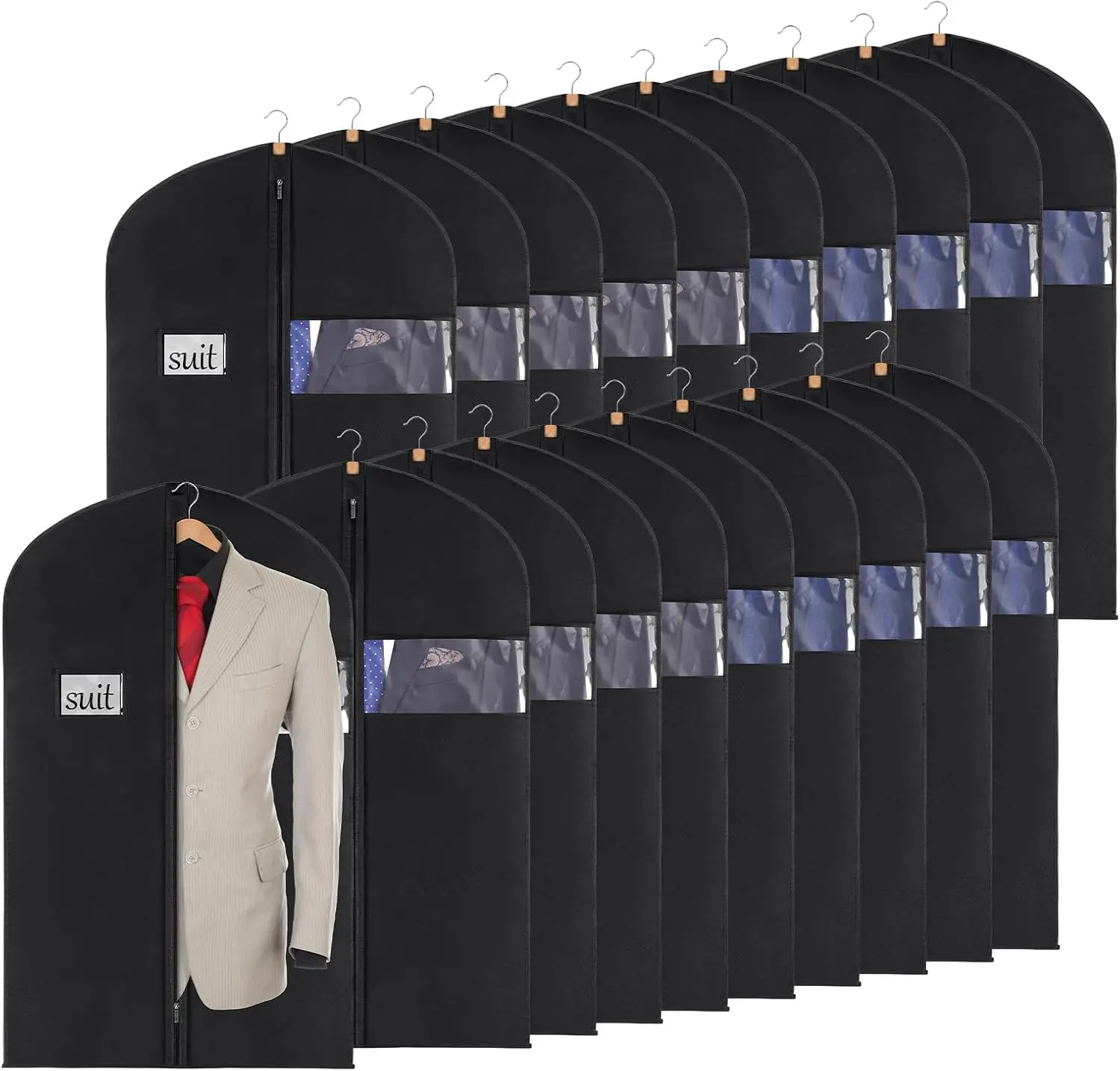 

40-Inch Garment Bags Set of 20 for Closet Storage and Travel, Clear Window, Label Pocket, Black
