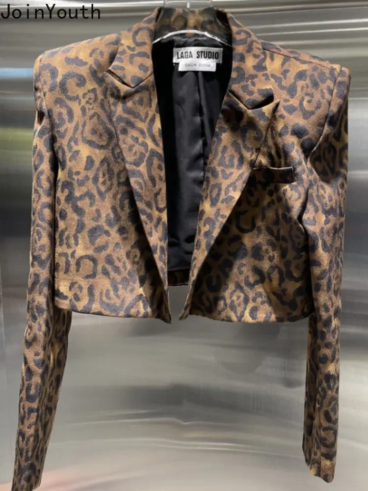 Blazer à manches longues imprimé léopard pour femmes, veste trempée, manteau court, tunique coréenne, vêtements sexy, mode, Y-Y2K, 2023